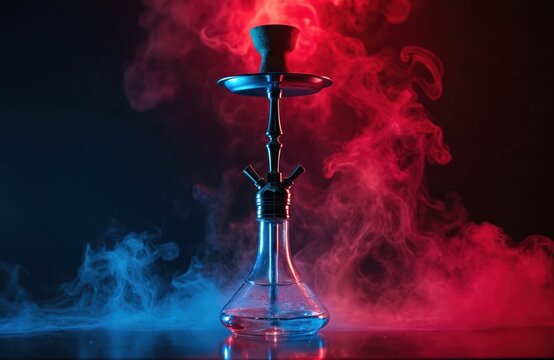 Hookah with colored smoke against a dark background. Shisha pipe with water flask and metal bowl, clouds of red and blue smoke. Eastern culture relaxation and leisure with shisha bar vibes.