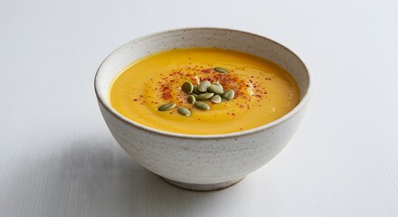 Warm Bowl of Nourishment: A close-up shot showcases a creamy, flavorful bowl of soup, perfectly garnished with seeds and spices, inviting a comforting meal experience.