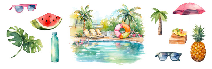 Watercolor pool party clipart with summer elements: swimming pool, tropical fruits, sunglasses, palm trees, and inflatable rings. Perfect for summer designs.