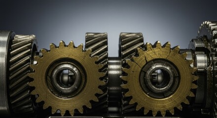 Metallic gears interconnected industrial machinery detail