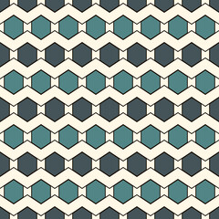 Zigzag seamless pattern. Hexagon mosaic tiles ornament. Ethnic surface print. Repeated geometric figures background. Ornamental wallpaper. Modern geo design digital paper. Vector abstract art