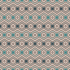 Zigzag seamless pattern. Hexagon mosaic tiles ornament. Ethnic surface print. Repeated geometric figures background. Ornamental wallpaper. Modern geo design digital paper. Vector abstract art