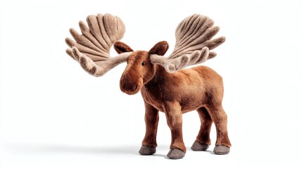 Plush moose standing against white background. Soft toy moose with large antlers, brown fur, and gentle eyes, perfect for cuddling and display.