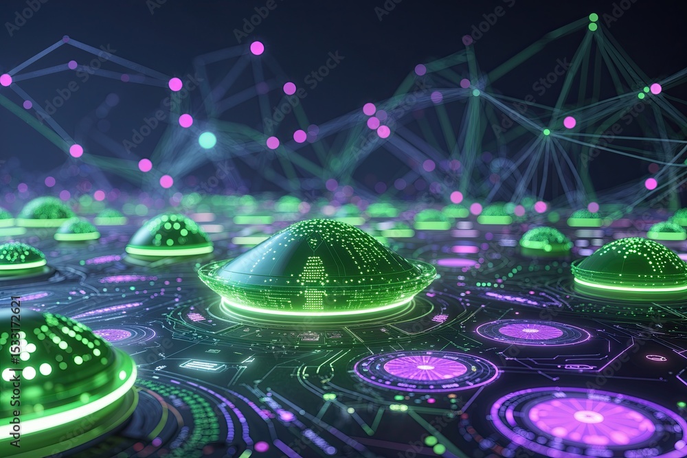 Poster futuristic digital environment with colorful green and purple data nodes and advanced data analytics