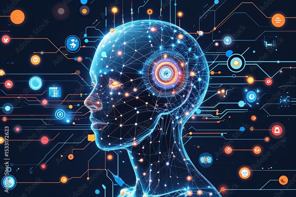 Poster digital technology art representing artificial intelligence and neural networks
