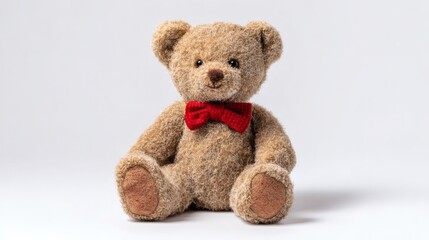 Obraz premium Cuddly teddy bear with a red bow tie sitting on a white background, symbolizing childhood comfort, friendship, and gift-giving occasions.