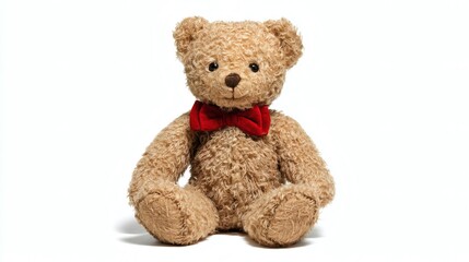 Charming plush teddy bear with curly fur and a red bowtie, sitting upright against a clean white backdrop. Classic toy appeal.