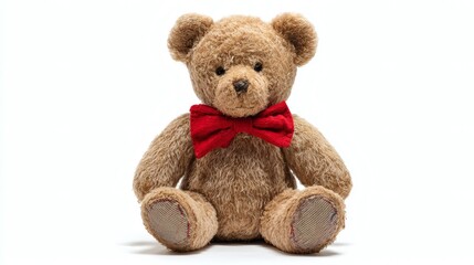 Obraz premium A classic tan teddy bear sits upright against a bright white backdrop, wearing a dapper red bow tie for added charm and appeal.