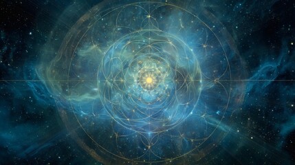 Obraz premium Cosmic Mandala: Intricate geometric patterns blend with nebula hues, forming a mesmerizing spiritual artwork of the universe and enlightenment.