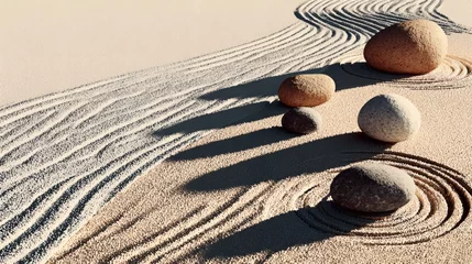 Fototapeten Zen garden with raked sand and stones symbolizing peace, tranquility, and mindfulness through minimalist design and natural elements. © Azor