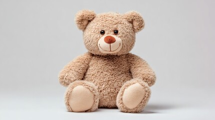 Fototapeta premium A plush, light brown toy bear sits upright against a plain, light grey background, exuding softness and a comforting presence.