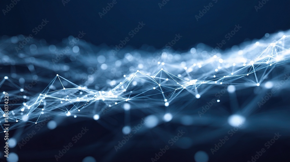 Poster luminous 3d grid network with connection paths in white and blue