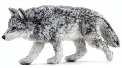 Obraz premium A gray furry stuffed animal is walking on a white surface. The stuffed animal has a gray coat and a brown eye. The animal looks peaceful.