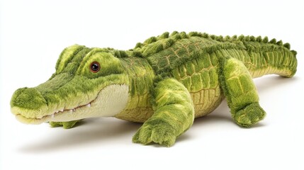 Obraz premium A lifelike plush alligator, complete with textured green skin and a soft underbelly, rests serenely against a stark white backdrop.