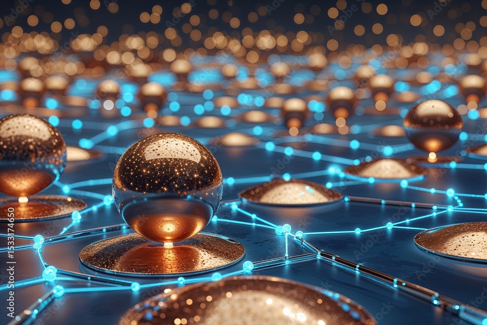 Poster vibrant virtual environment featuring shimmering bronze and azure connections and nodes