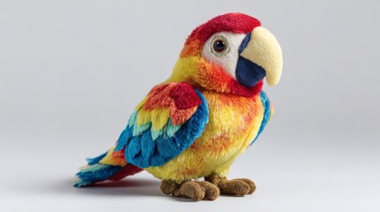 Vibrant parrot plush toy with multicolored feathers, a cheerful expression, and soft texture on a clean, neutral background. Toy collection.