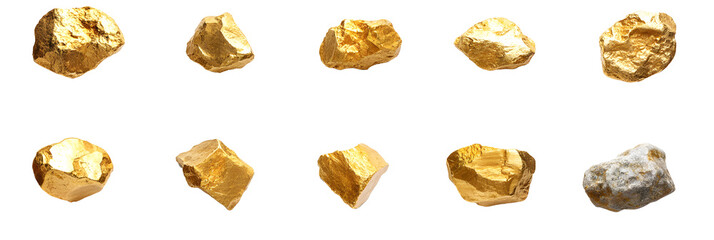 Pure gold nugget rock specimen PNG bundle: precious stone graphics with transparent background,...