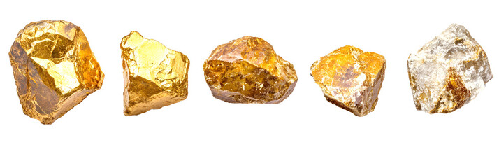 Pure gold nugget rock specimen PNG bundle: precious stone graphics with transparent background,...