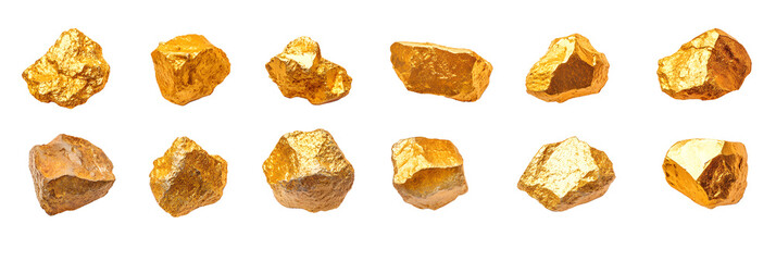 Pure gold nugget rock specimen PNG bundle: precious stone graphics with transparent background,...
