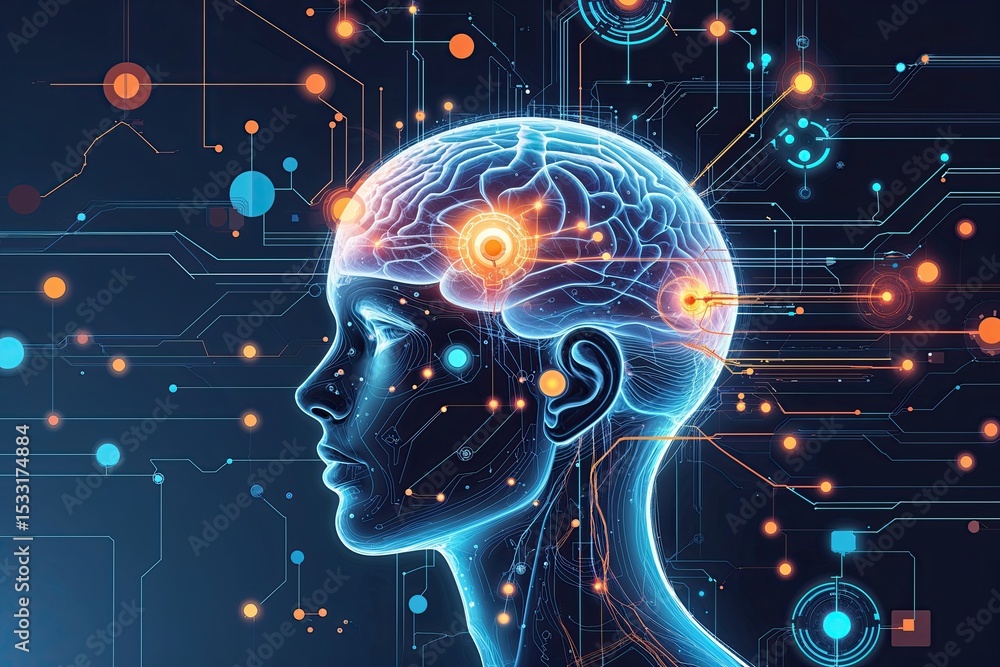 Poster futuristic abstract art of neural interfaces highlighting human intelligence and technological conne