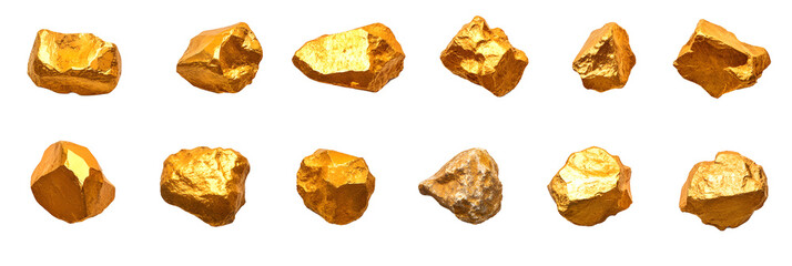 Pure gold nugget rock specimen PNG bundle: precious stone graphics with transparent background,...
