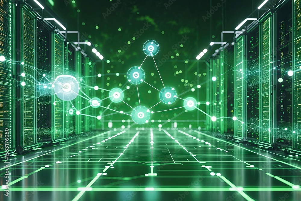 Poster innovative digital infrastructure design with green environment showcasing interconnected nodes and 