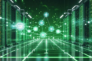 Innovative Digital Infrastructure Design with Green Environment Showcasing Interconnected Nodes and Data Analytics Solutions