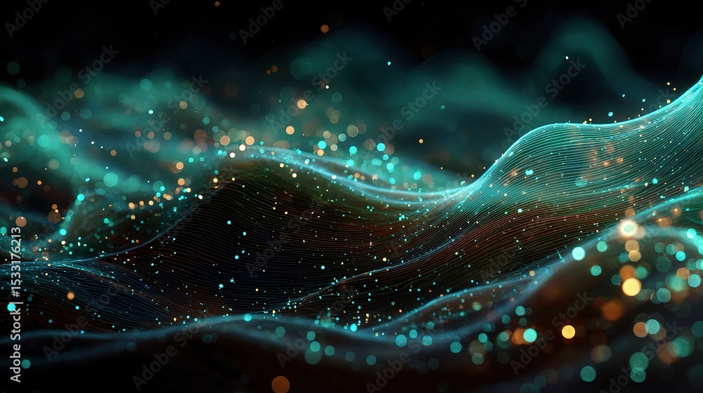 Poster abstract surreal 3d background with pulsing neon lights and waves
