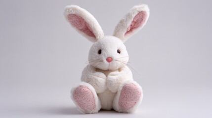 A fluffy, white bunny plush toy sits upright with its big ears and pink accents, radiating charm and inviting snuggles. Its gentle gaze is endearing.
