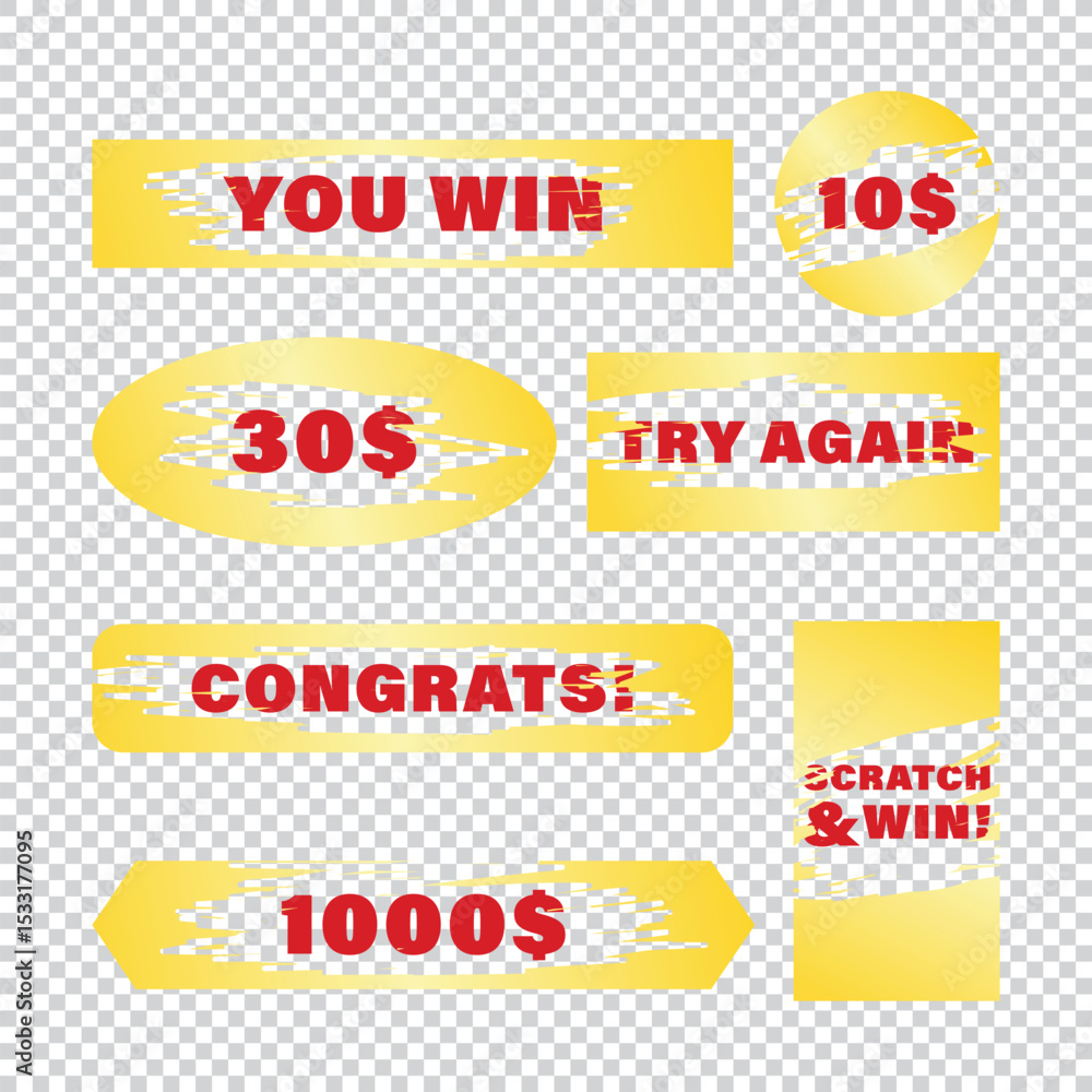 Poster scratch card set on transparent background vector design.