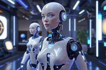 Fototapeta premium Advanced Humanoid Technology and Metaverse Integration Driving Innovation in Cyberspace for a Smart Economy