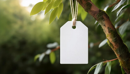 Blank white tag hanging from a tree branch with green foliage in the background.