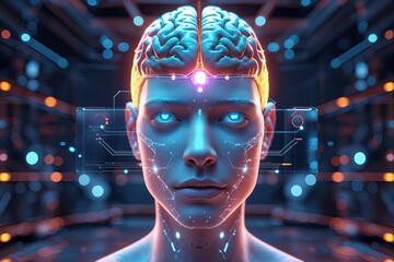 3D Future Technology Concept Showcasing Human Face and Brain Interface Innovations