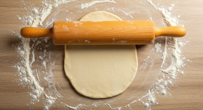 Rolling pin and dough overhead view of baking preparation