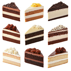Various flavors of cake slices set isolated on white background. Different cakes collection set. Many flavors of cake desserts set.