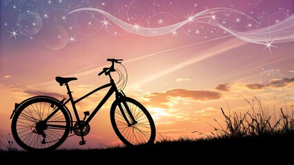Silhouette of a bicycle on a hill against a colorful sunset sky with star like light effects