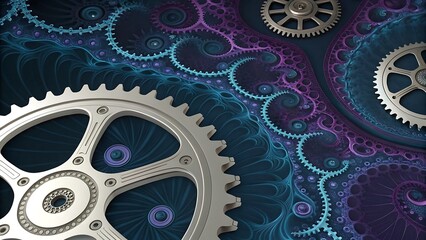 Close up of silver gears with intricate fractal patterns in shades of blue and purple background art