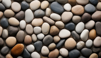 Close-up of a diverse collection of smooth, colorful river stones