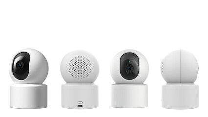Different angles of white security camera, isolated on white background.