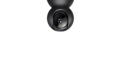 Front view of black ceiling security camera, isolated on copy-space background.