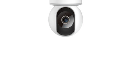 Front view of white ceiling security camera, isolated on copy-space background.