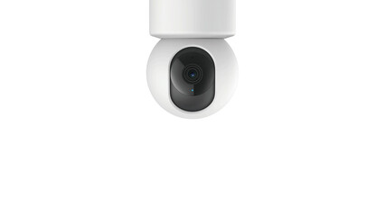 Front view of white ceiling security camera, isolated on copy-space background.