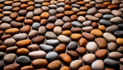 Close-up of a diverse collection of smooth, colorful river stones