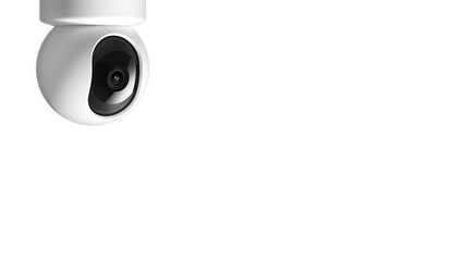 White ceiling security camera, isolated on copy-space background.