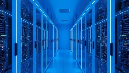 Modern server room with rows of powerful computer servers.  Blue illuminated data center with high technology equipment.  This image is ideal for video production about data storage and network infras - Powered by Adobe