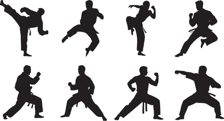 Black silhouettes of martial arts athletes demonstrating different karate techniques