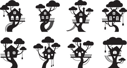Black silhouettes of whimsical treehouses with ladders bridges and cloud foliage illustrations © Laila