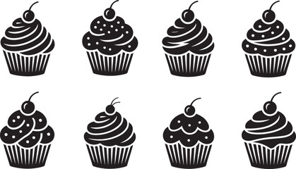 Delicious and decorative black and white cupcake illustration with cherry topping variety