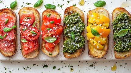 Bruschetta tray with assorted colorful toppings including salami, peppers, pesto, cheese and tomatoes on toasted bread slices arranged on white marble cutting board
