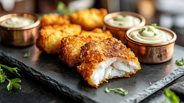 Nugget dips featuring golden-brown fish nuggets on slate platter with copper ramekins containing variety of sauces one nugget cut open revealing flaky white fish interior